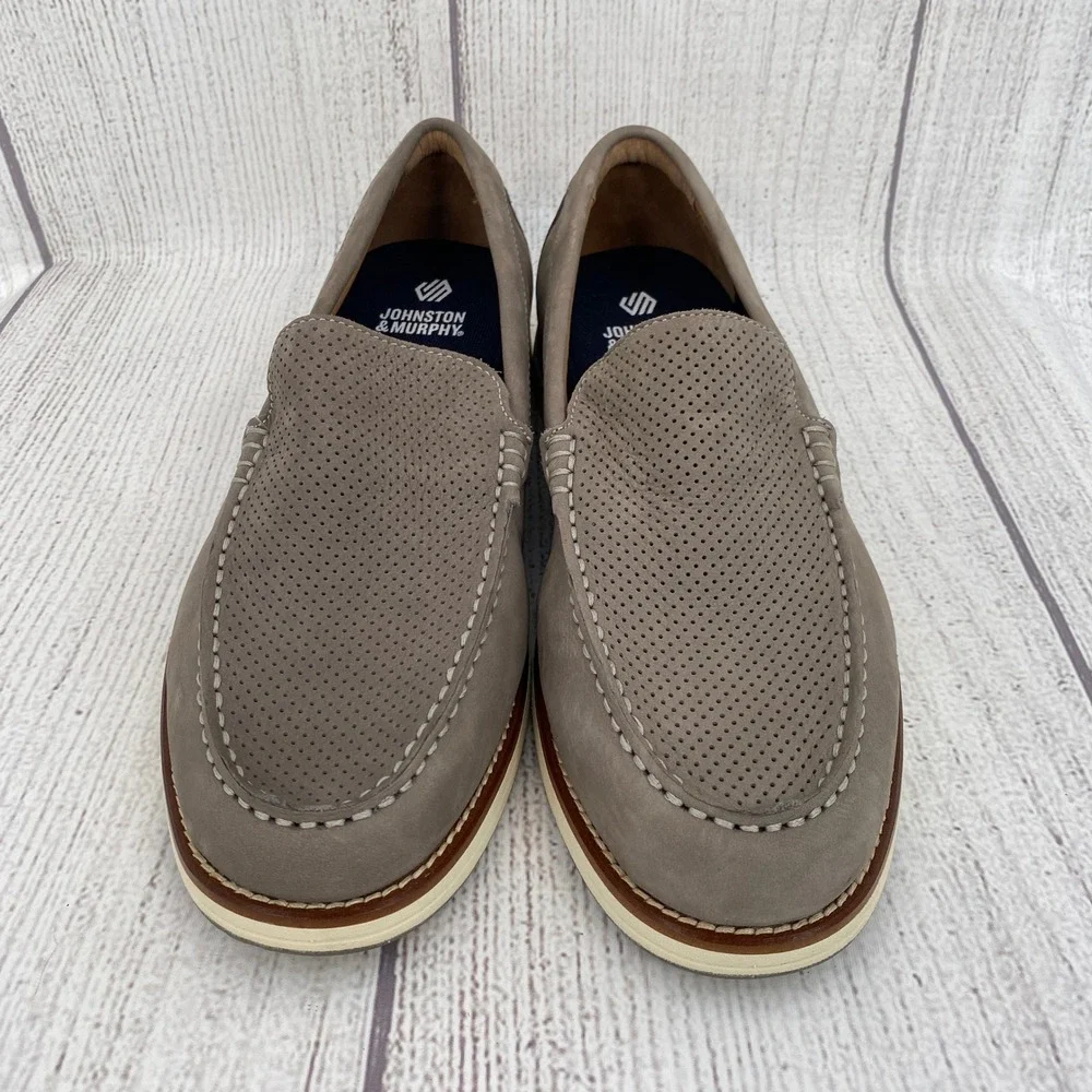 Johnston & Murphy Hodges Loafers Mens 10 Grey Nubuck Perforated TruFoam Shoes